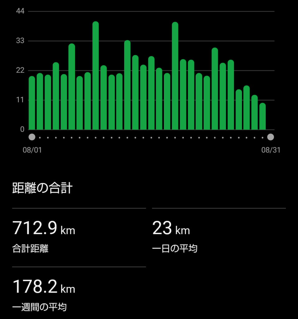 Garminの8月月間走行距離データ